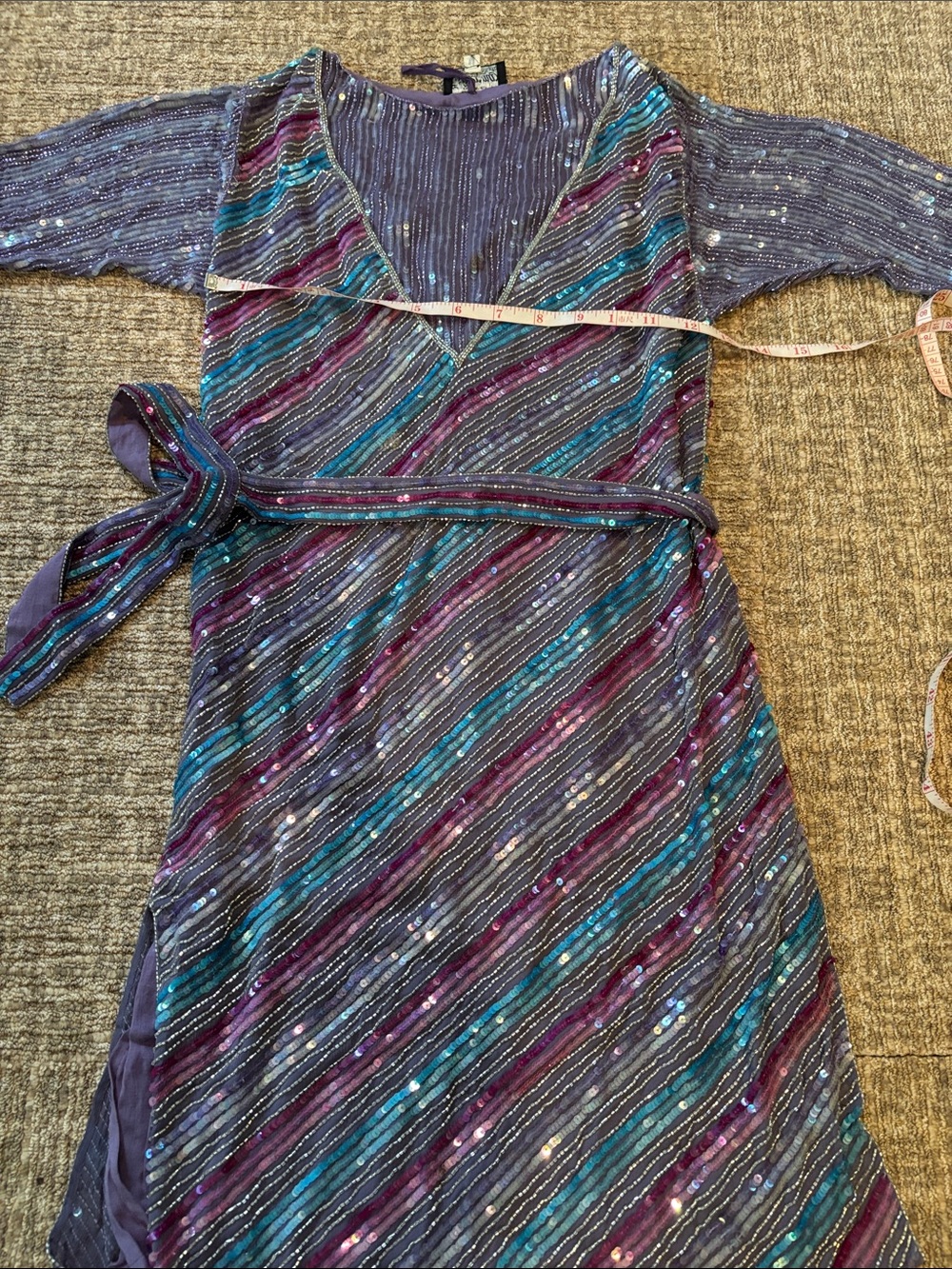 Vintage Disco Sparkling Diagonal Striped Wrap Dress in Purple, Teal & Navy
